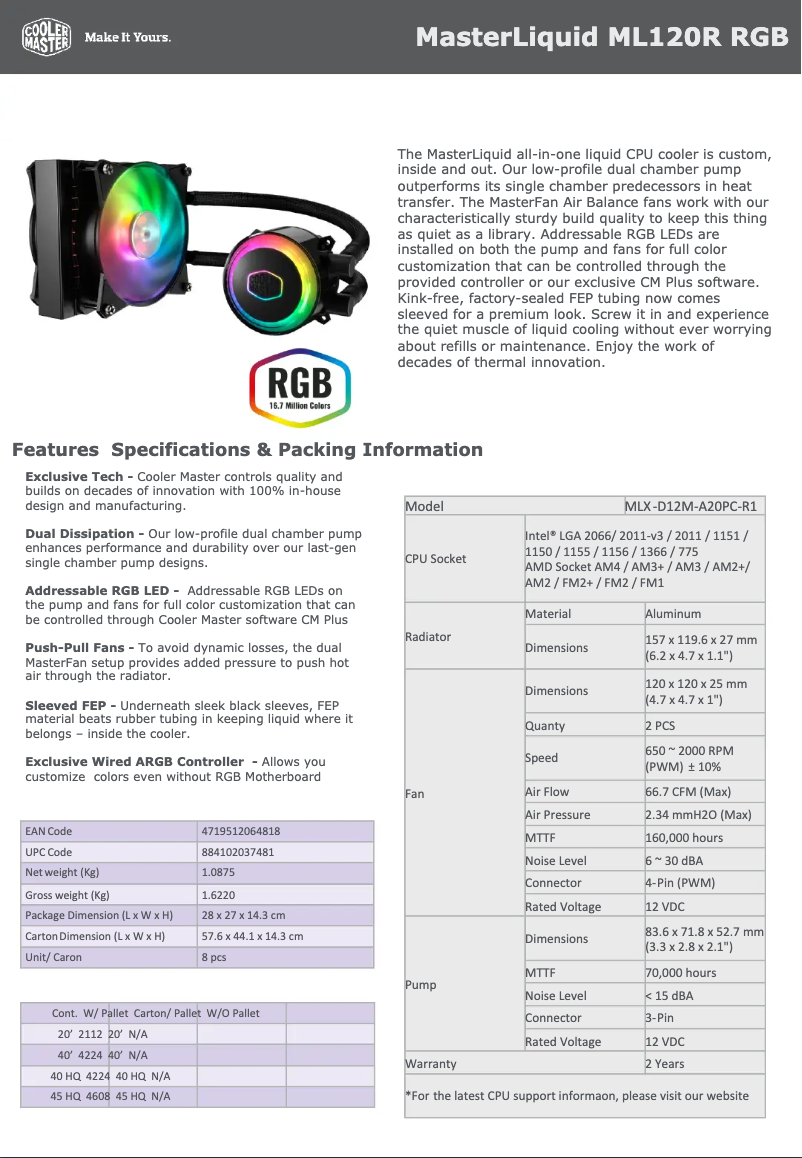 Page 1 de la notice Fiche technique Cooler Master MasterLiquid ML120R
