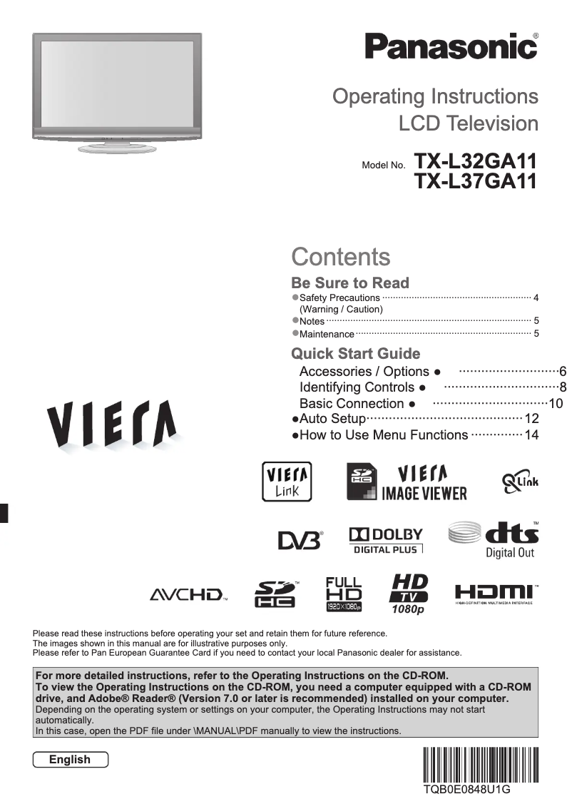 Page 1 de la notice Manuel utilisateur Panasonic Viera TX-L32GA11