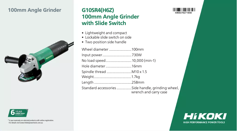 Page 1 of the manual Technical Sheet HiKOKI G10SR4