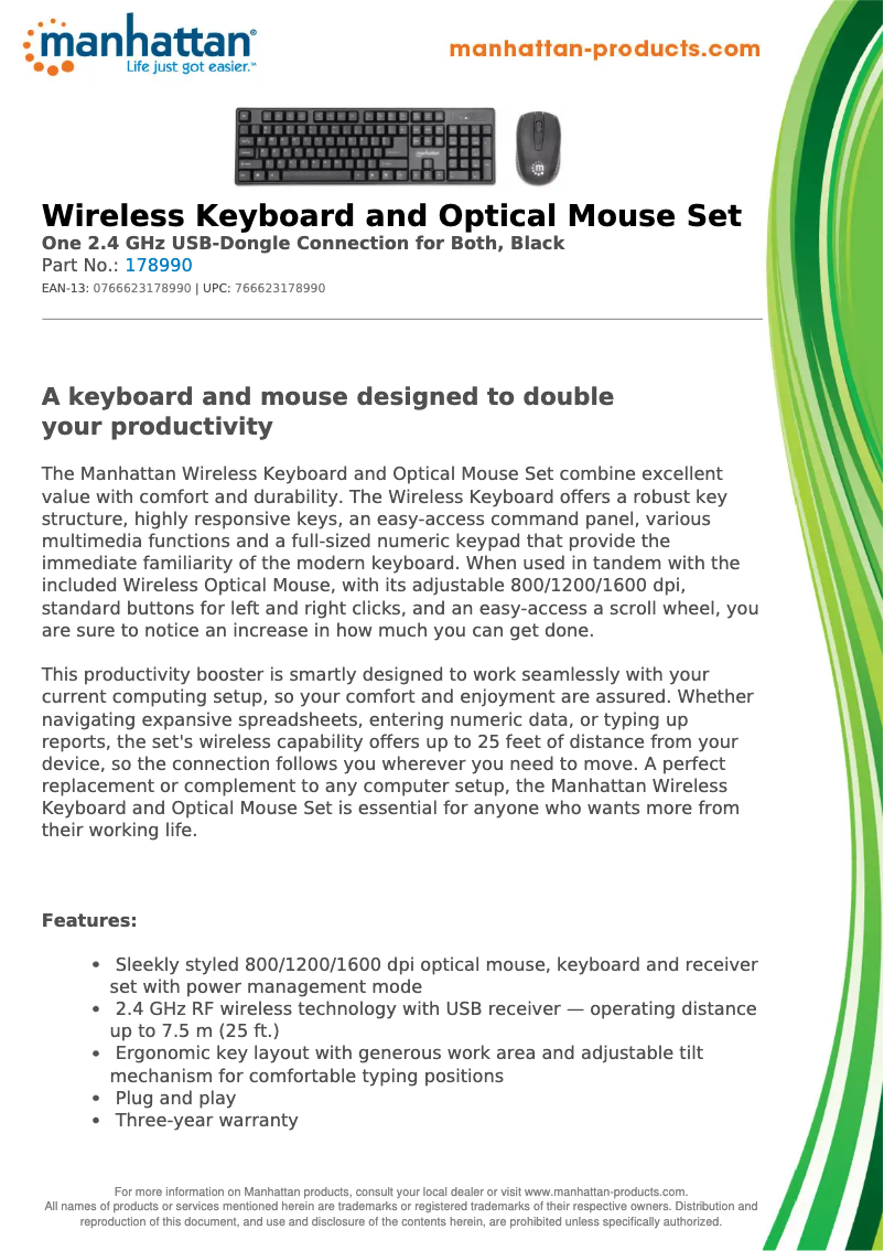 Page 1 de la notice Fiche technique Manhattan Wireless Keyboard and Optical Mouse Set 178990