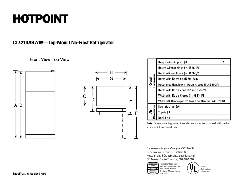 Page n°1 - Fiche technique Hotpoint CTX21DABWW