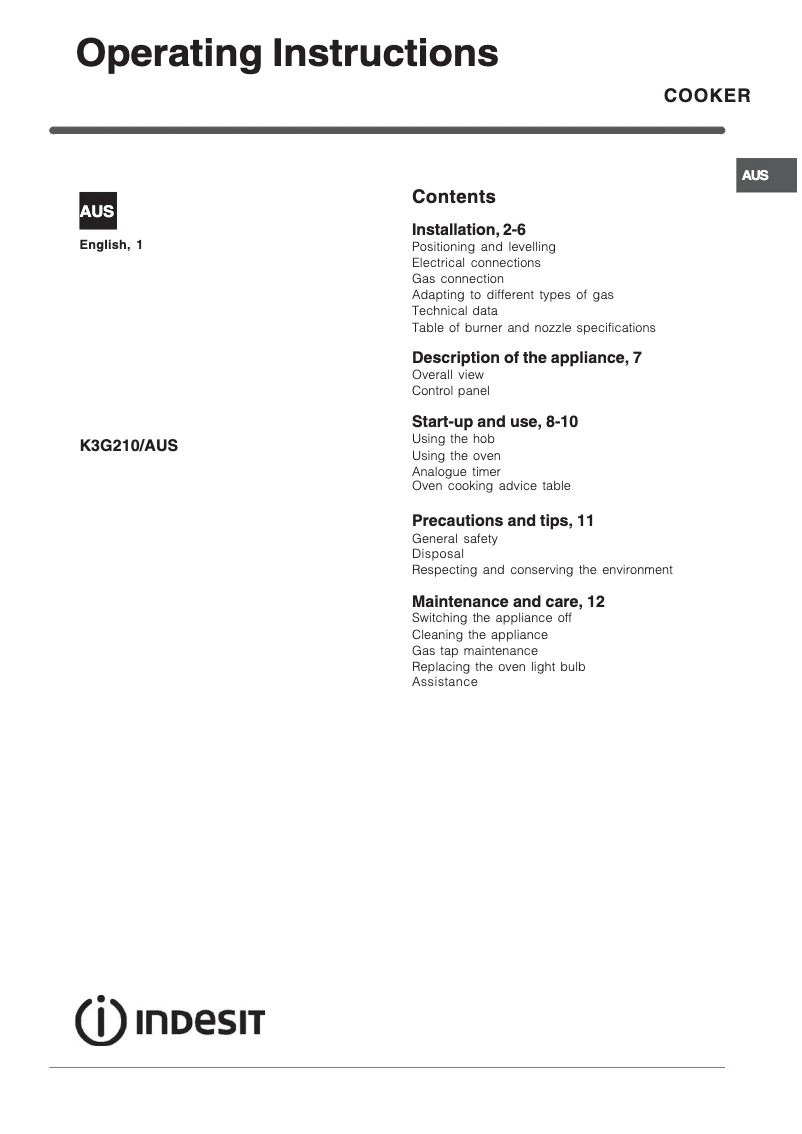 Page n°1 - Manuel utilisateur Indesit K3G210(X)/AUS