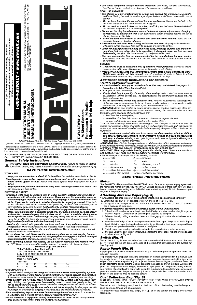 Page 1 de la notice Manuel utilisateur DeWalt DW411