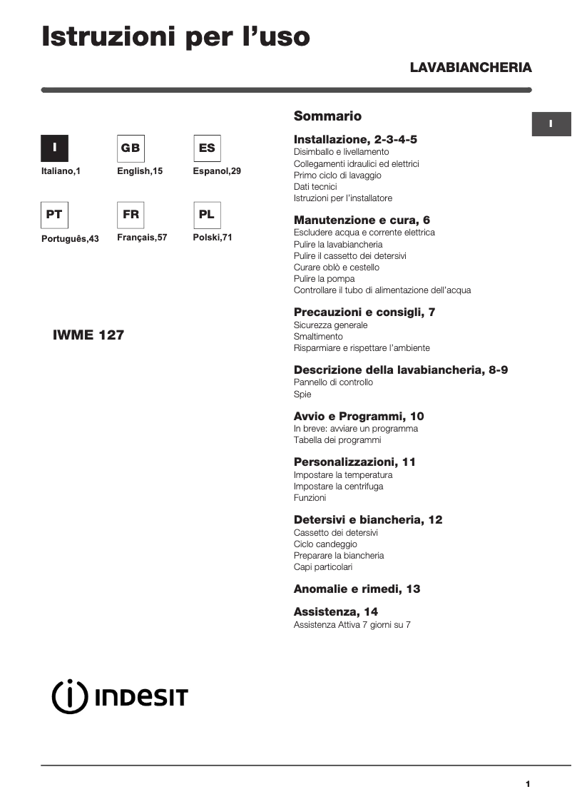 Página 1 del manual Manual de usuario Indesit IWME 127