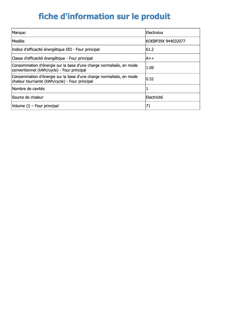 Page 1 de la notice Fiche technique Electrolux KOEBP39X