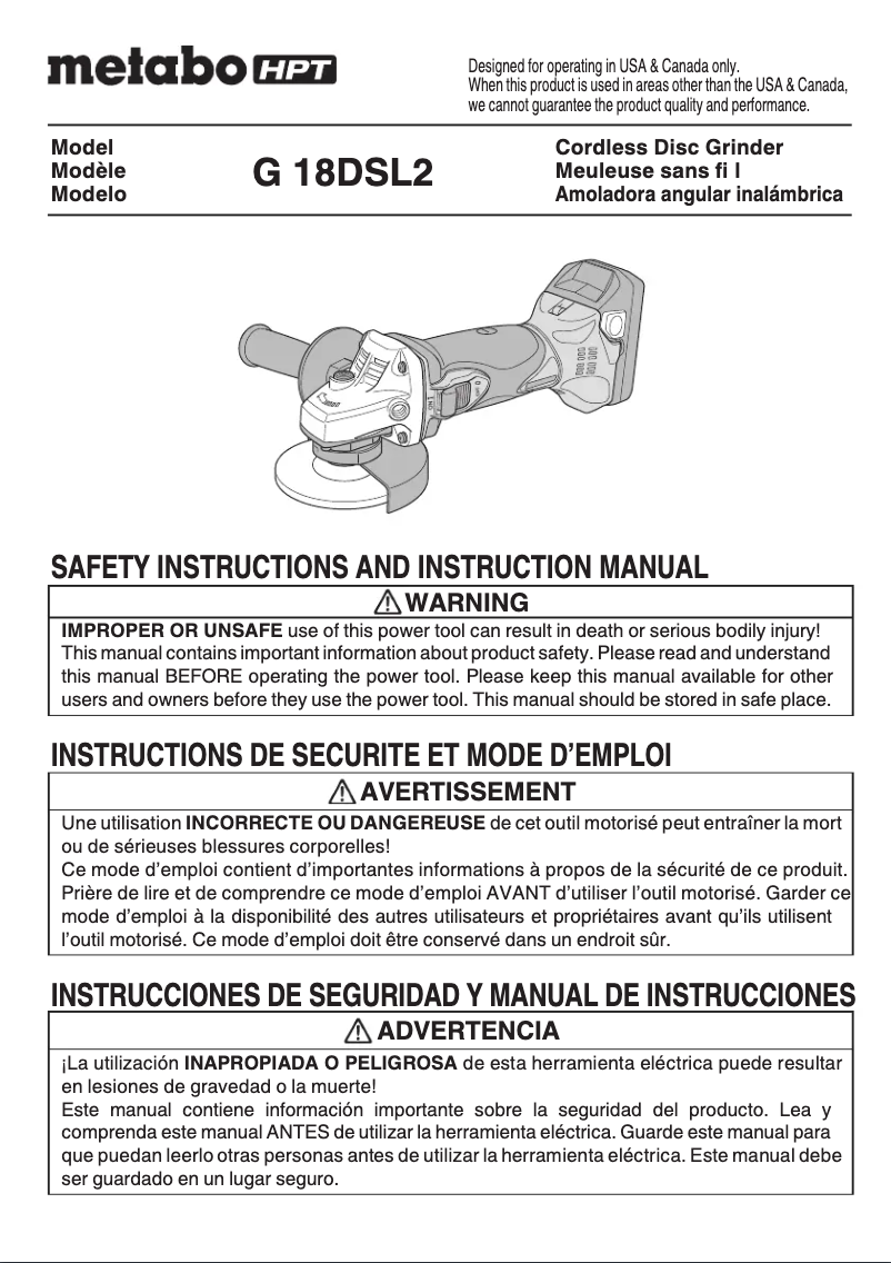 Page 1 de la notice Manuel utilisateur Metabo G18DSL2