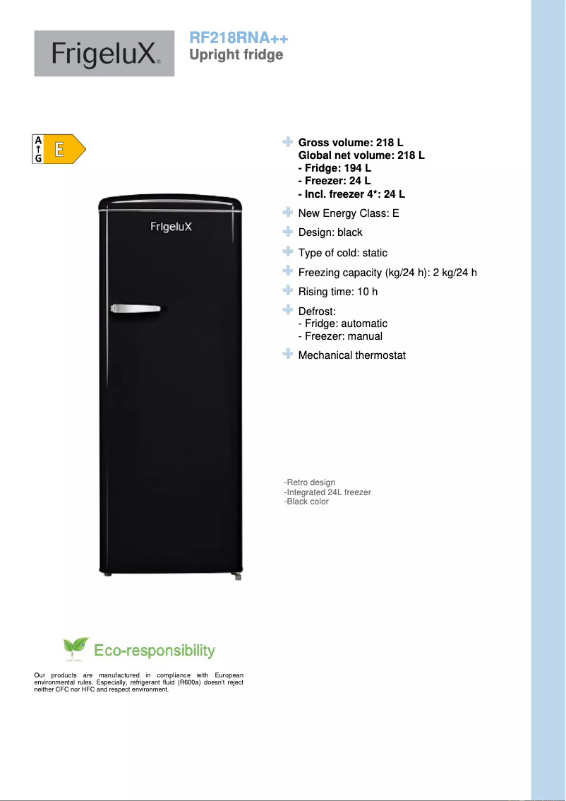 Page 1 de la notice Fiche technique FrigeluX RF218RNA++