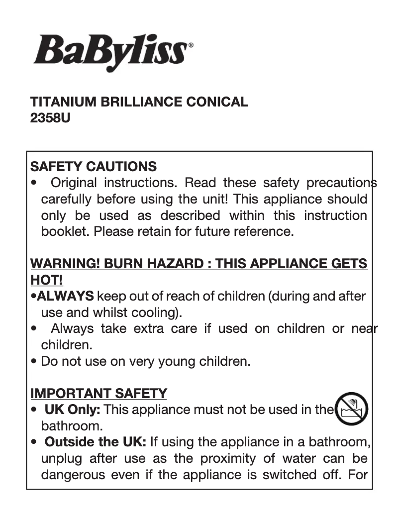 Page 1 de la notice Manuel utilisateur BaByliss Titanium Brilliance Conical 2358U