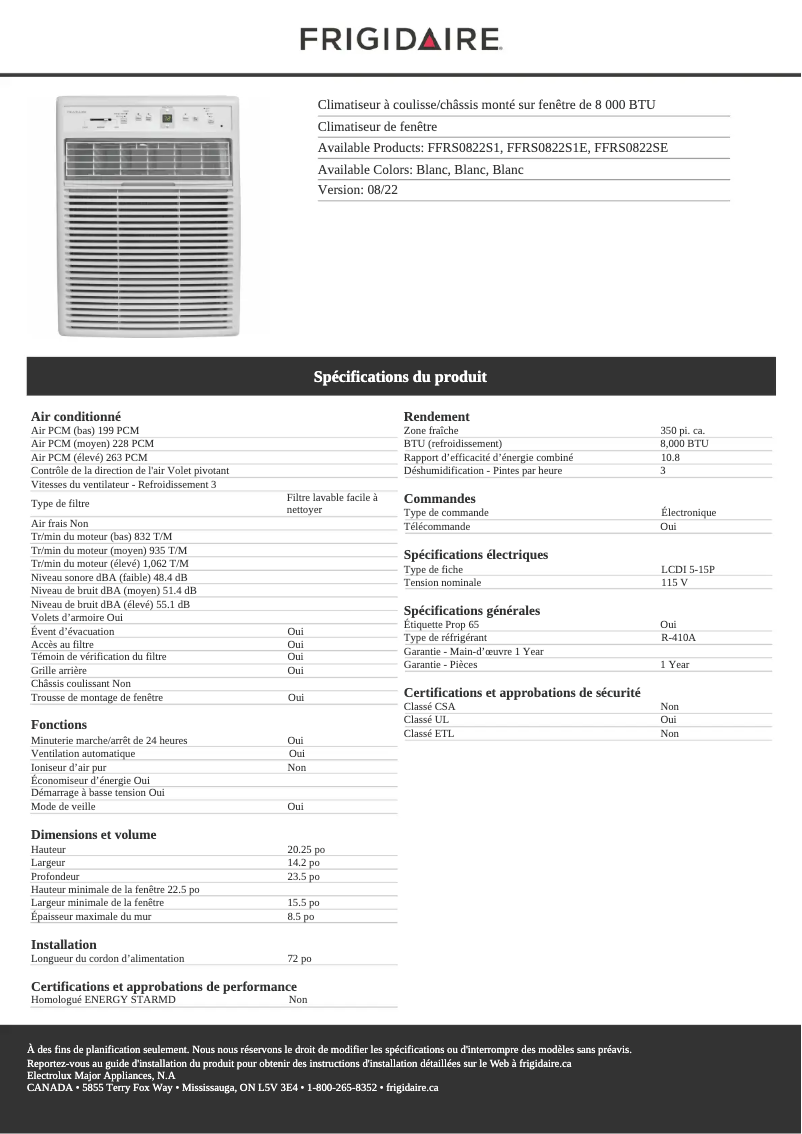 Page n°1 - Fiche technique Frigidaire FFRS0822SE