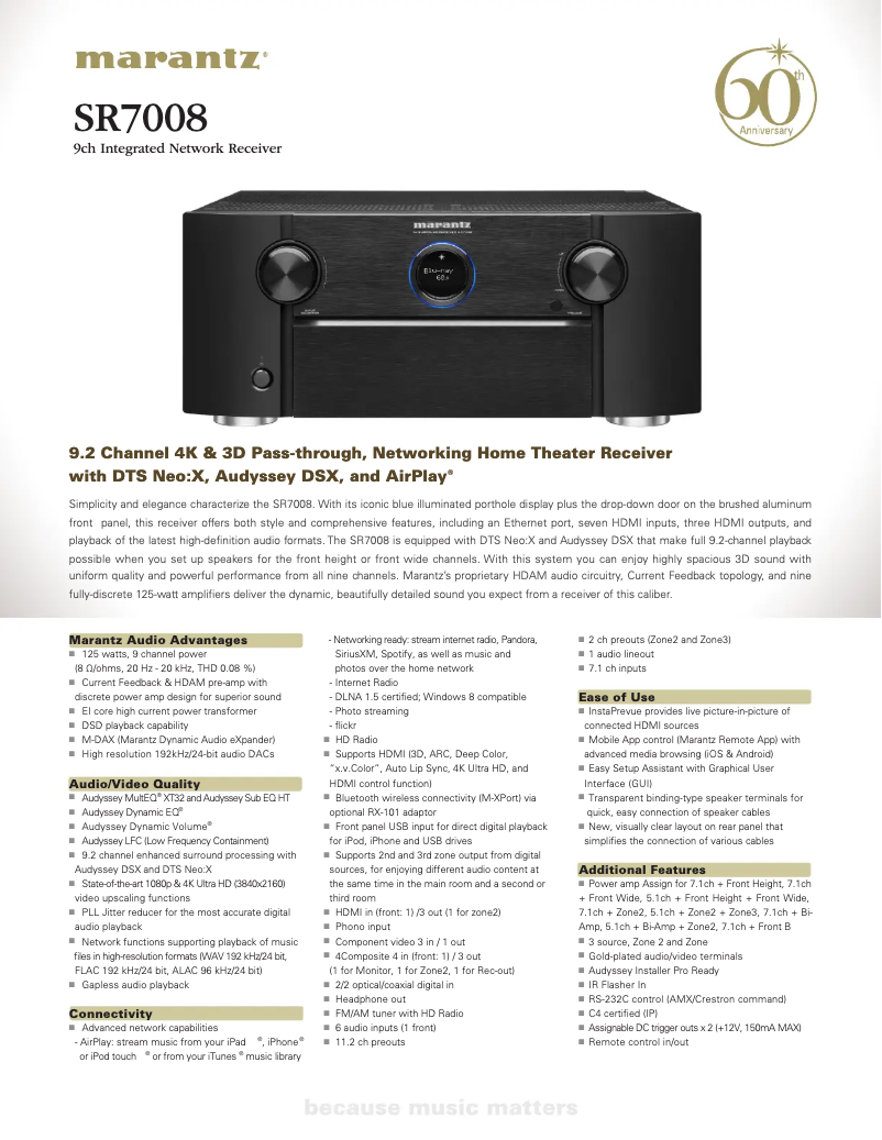 Page 1 de la notice Fiche technique Marantz SR7008