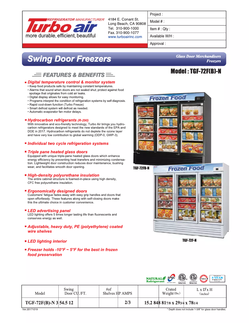 Page 1 de la notice Fiche technique Turbo air TGF-72F