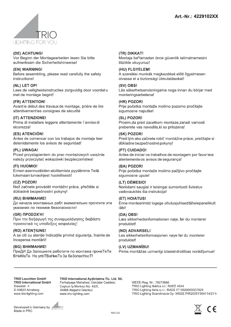 Page n°1 - Manuel utilisateur Trio Lighting Varese 422910207