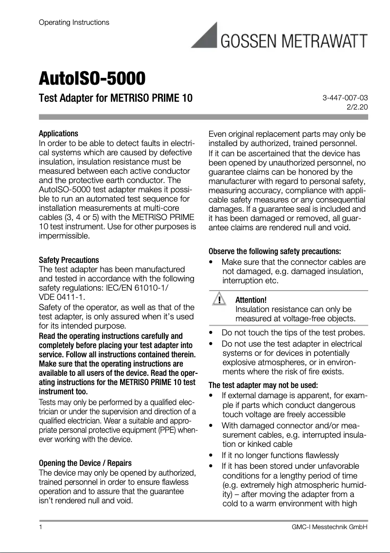 Page 1 de la notice Manuel utilisateur Gossen Metrawatt AutoISO-5000