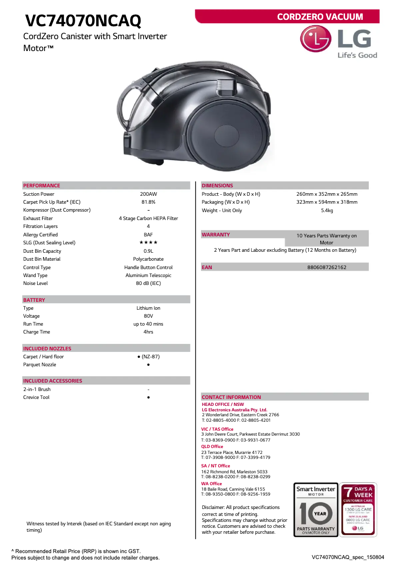 Página 1 del manual Ficha técnica LG VC74070NCAQ