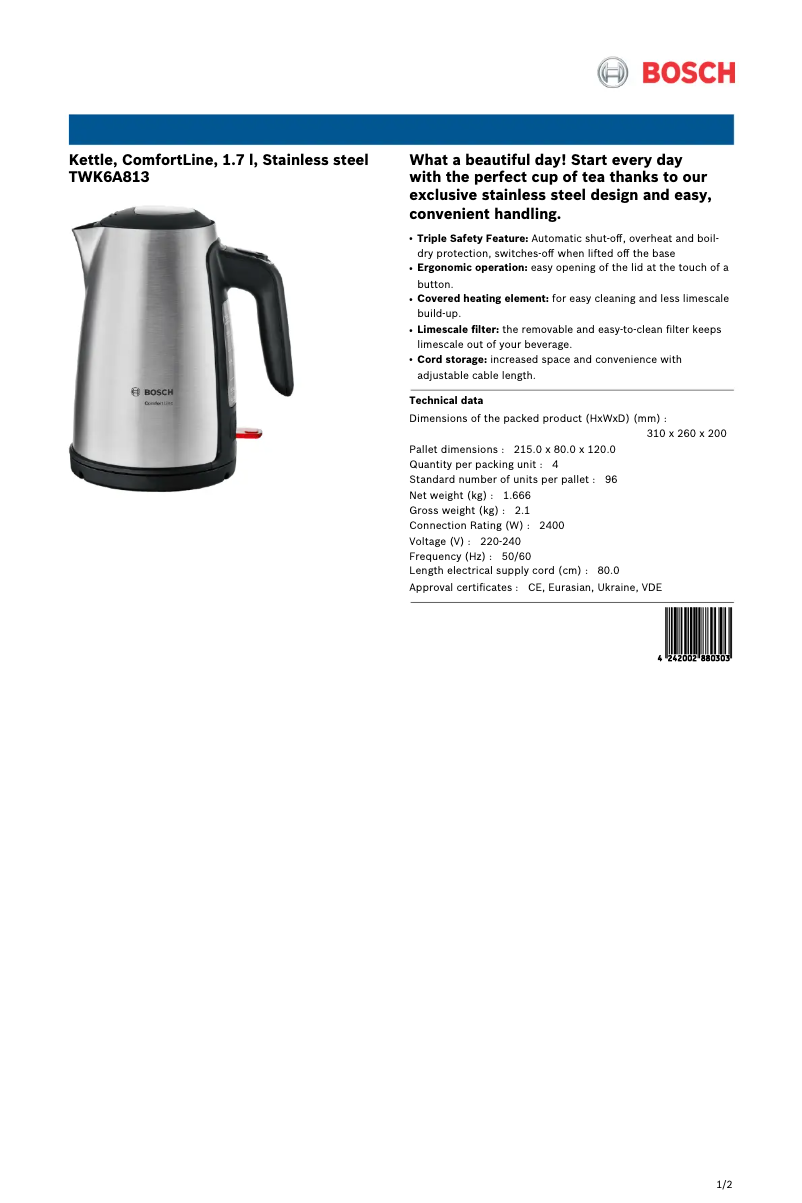 Page 1 de la notice Fiche technique Bosch ComfortLine TWK6A813
