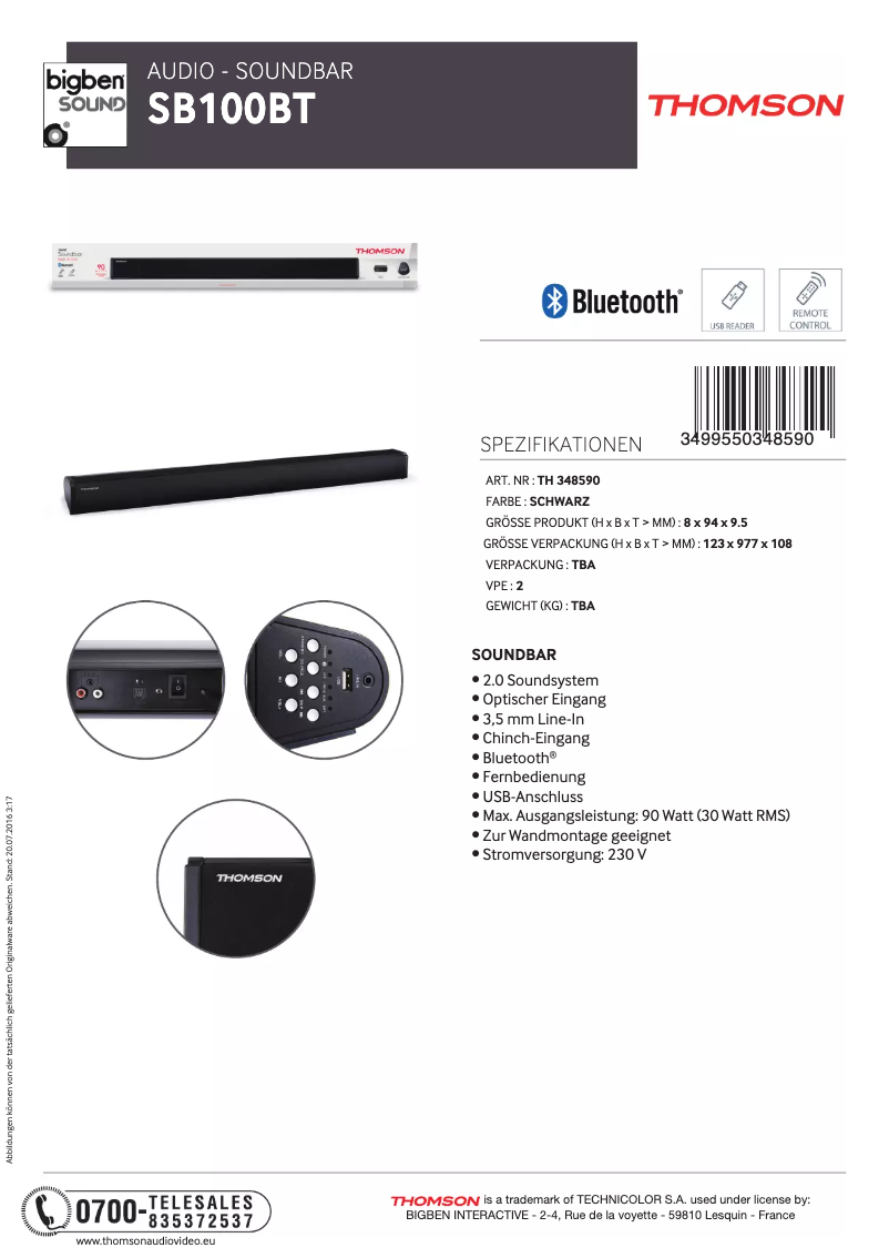 Page 1 de la notice Fiche technique Thomson SB100BT