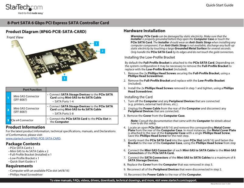 Page 1 de la notice Manuel utilisateur StarTech.com 8P6G-PCIE-SATA-CARD