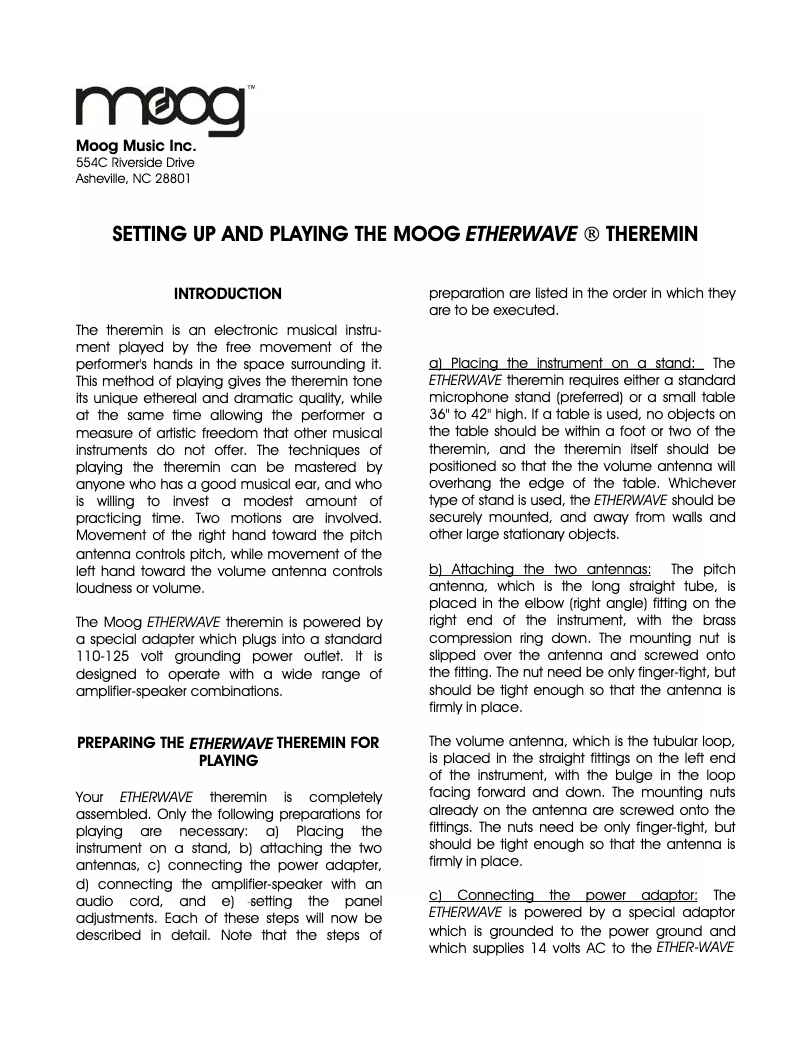 Image de la première page du manuel de l'appareil Etherwave Theremin Plus