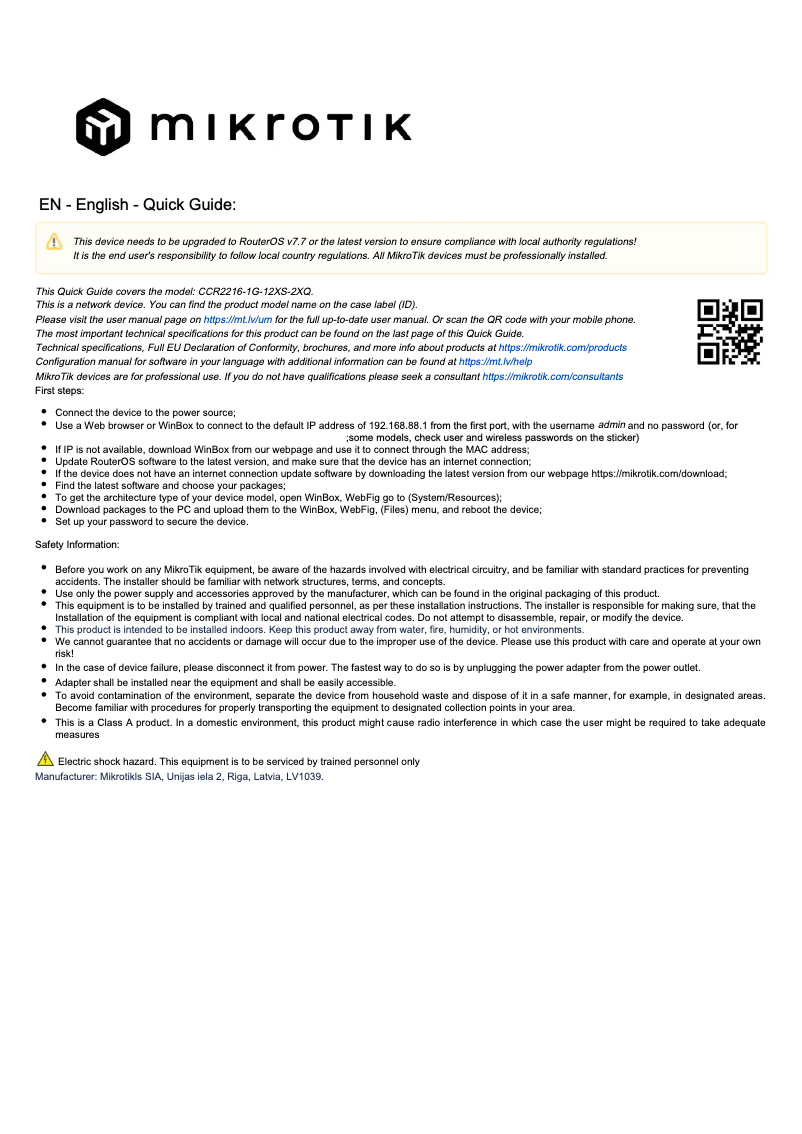 Image de la première page du manuel de l'appareil CCR2004-1G-2XS-PCIe