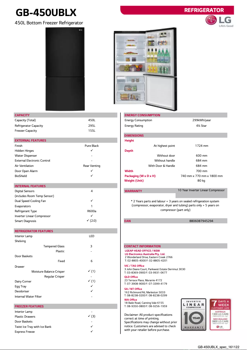 Page 1 de la notice Fiche technique LG GB-450UBLX