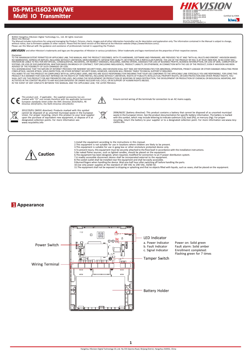 Page 1 de la notice Manuel utilisateur Hikvision DS-PM1-I16O2-WB