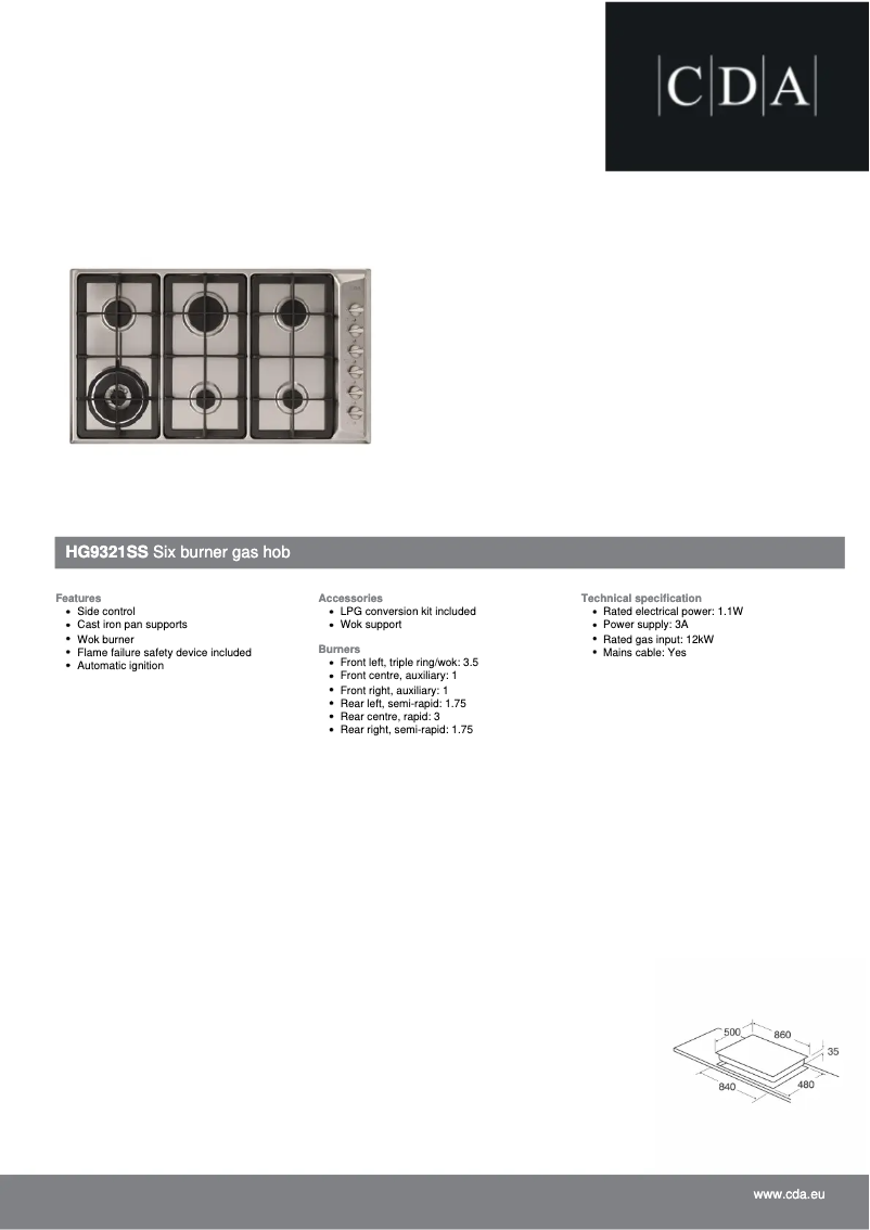 Page 1 de la notice Fiche technique CDA HG9321SS