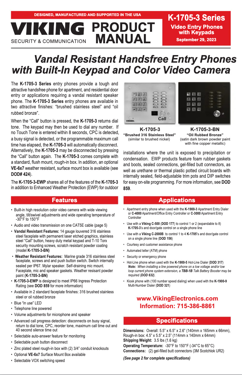 Page 1 de la notice Manuel utilisateur Viking K-1705-3