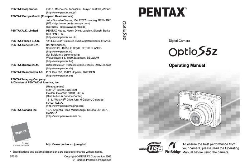 Page n°1 - Manuel utilisateur Pentax Optio S5z