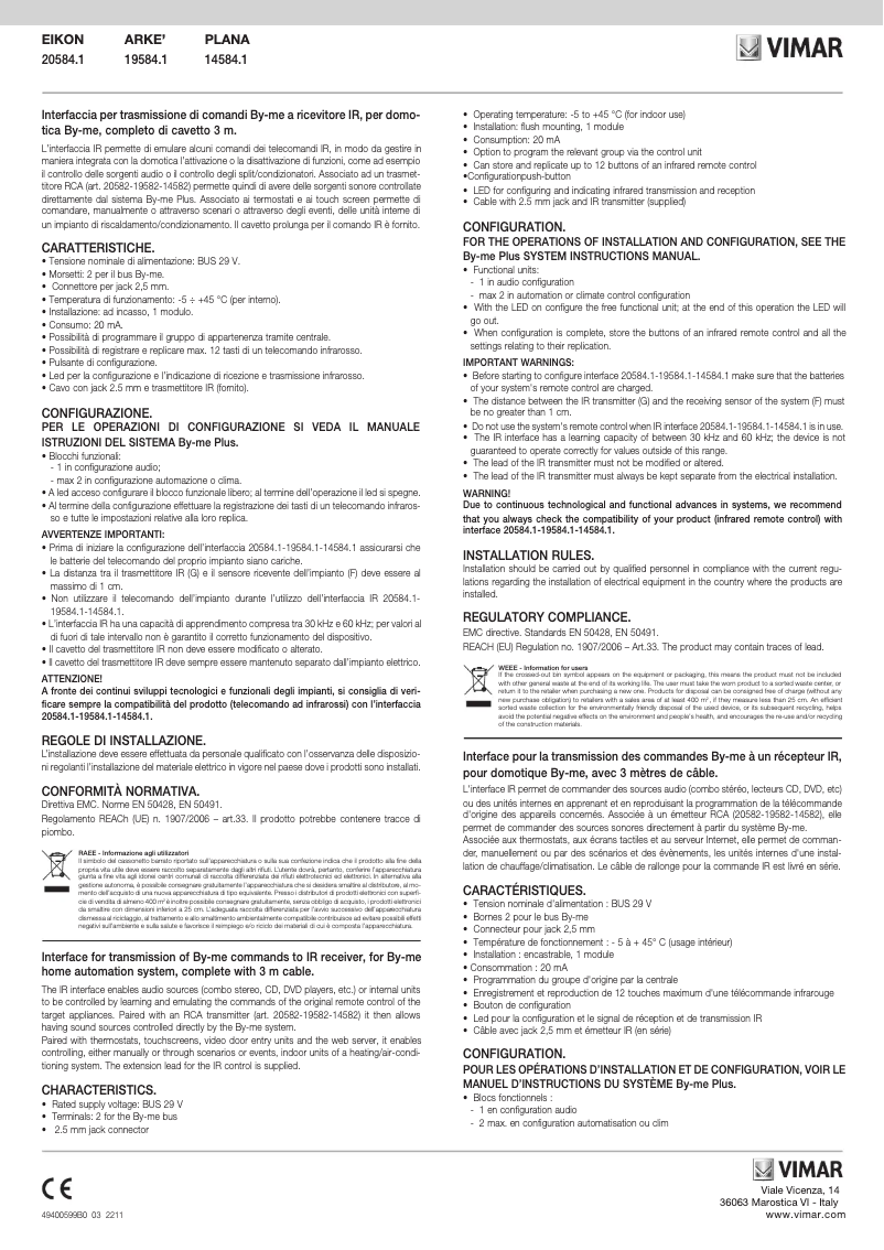 Page 1 de la notice Manuel utilisateur Vimar 19584.1.M