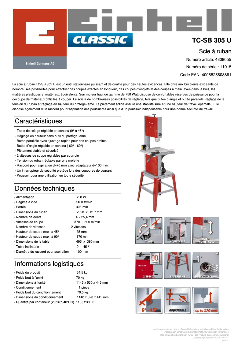 Page 1 de la notice Fiche technique Einhell TC-SB 305 U
