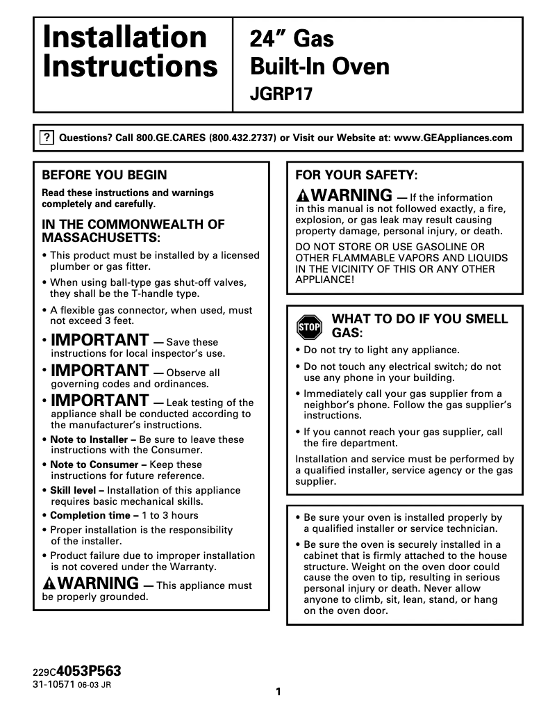 Página 1 del manual Guía de instalación GE JGRP17BEWBB