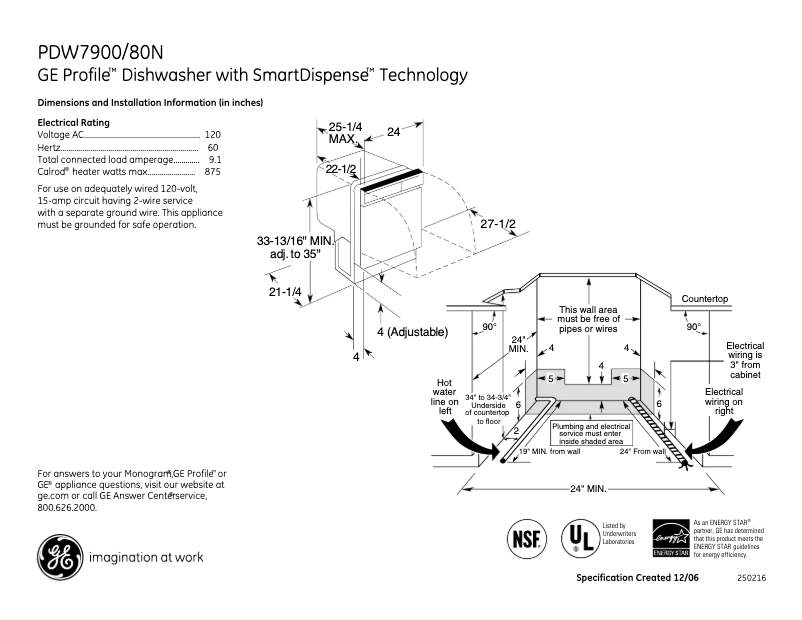 Page 1 de la notice Fiche technique GE Profile PDW7900NCC