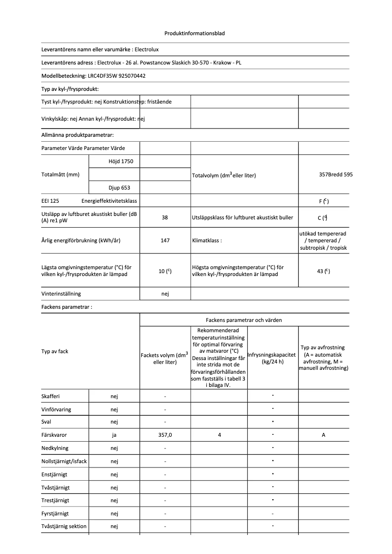 Page n°1 - Fiche technique Electrolux LRC4DF35W
