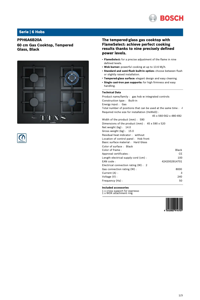 Page 1 de la notice Fiche technique Bosch PPH6A6B20A