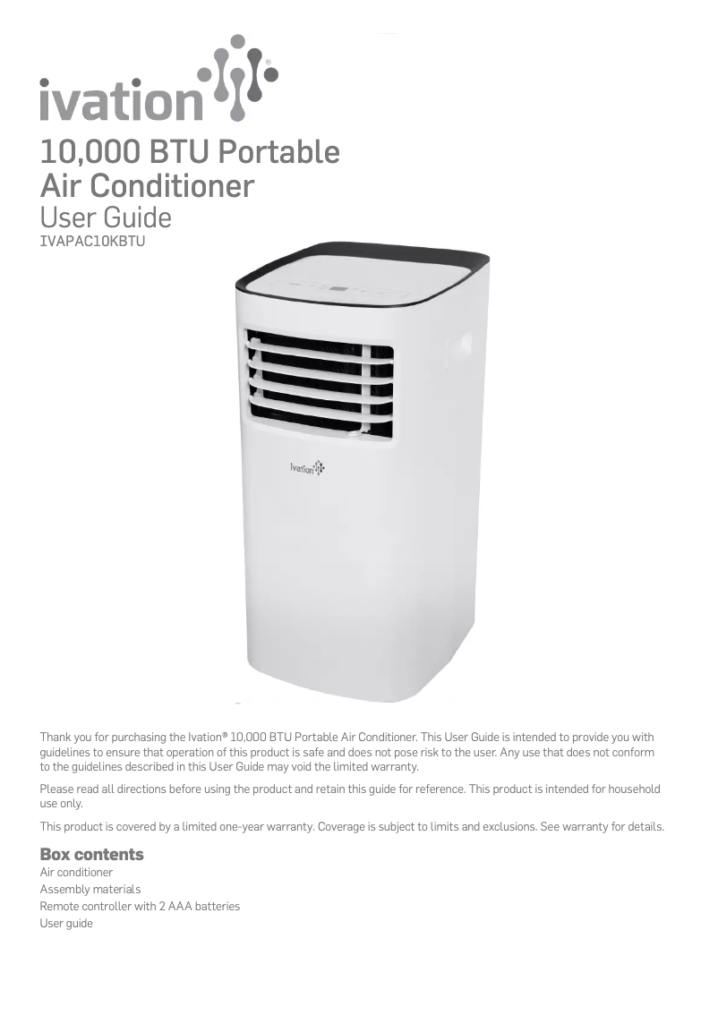 Image de la première page du manuel de l'appareil IVAPAC10KBTU