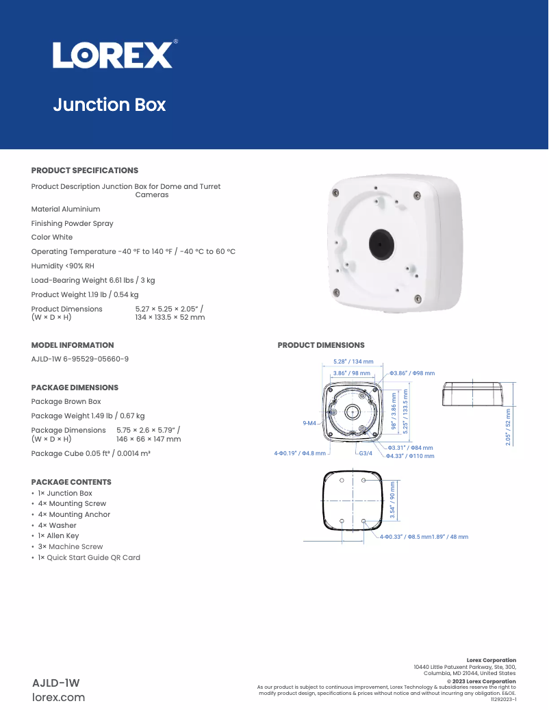 Page 1 de la notice Fiche technique Lorex AJLD-1W