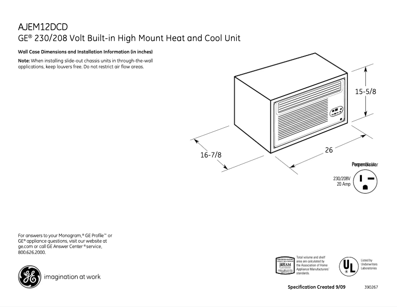 Page 1 de la notice Fiche technique GE AJEM12DCD