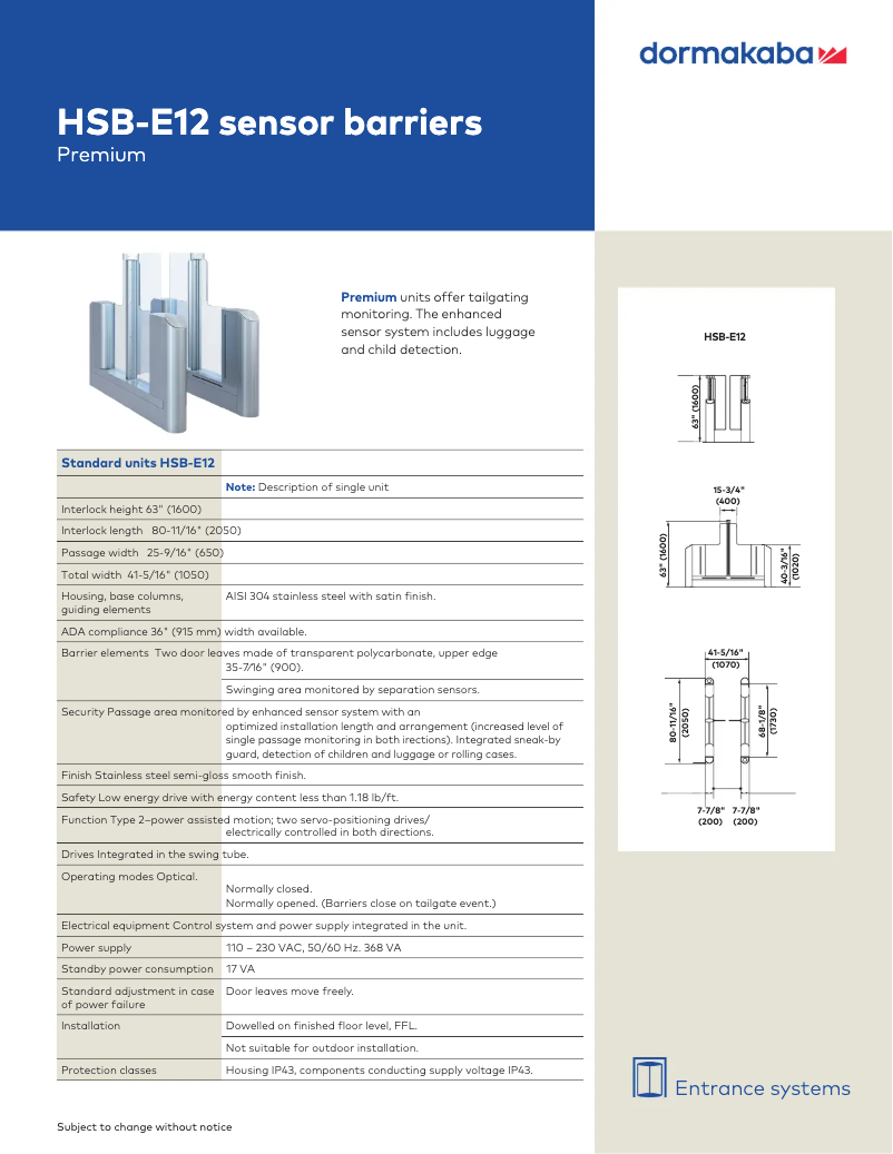 Page 1 de la notice Manuel utilisateur Dormakaba HSB-E12