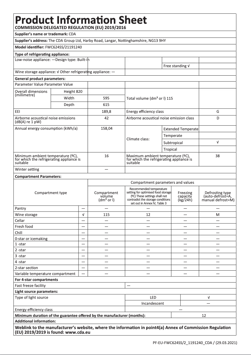 Page n°1 - Fiche technique CDA FWC624SS