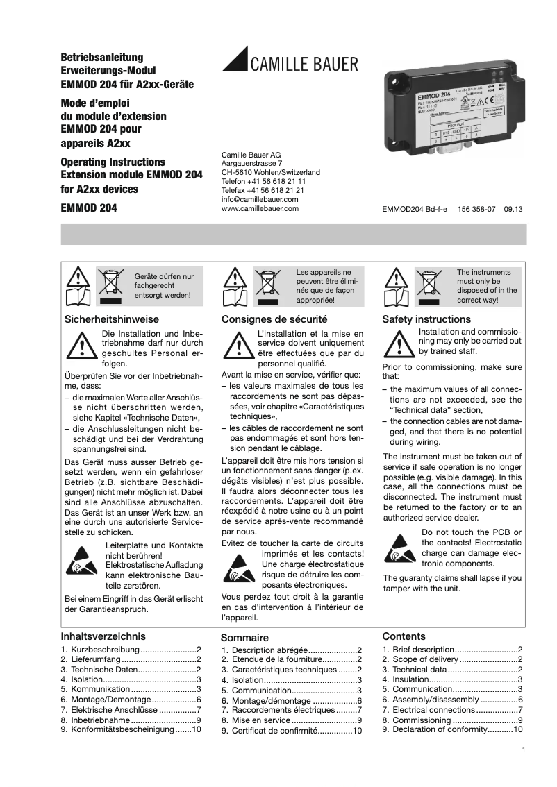 Page n°1 - Manuel utilisateur Camille Bauer EMMOD204