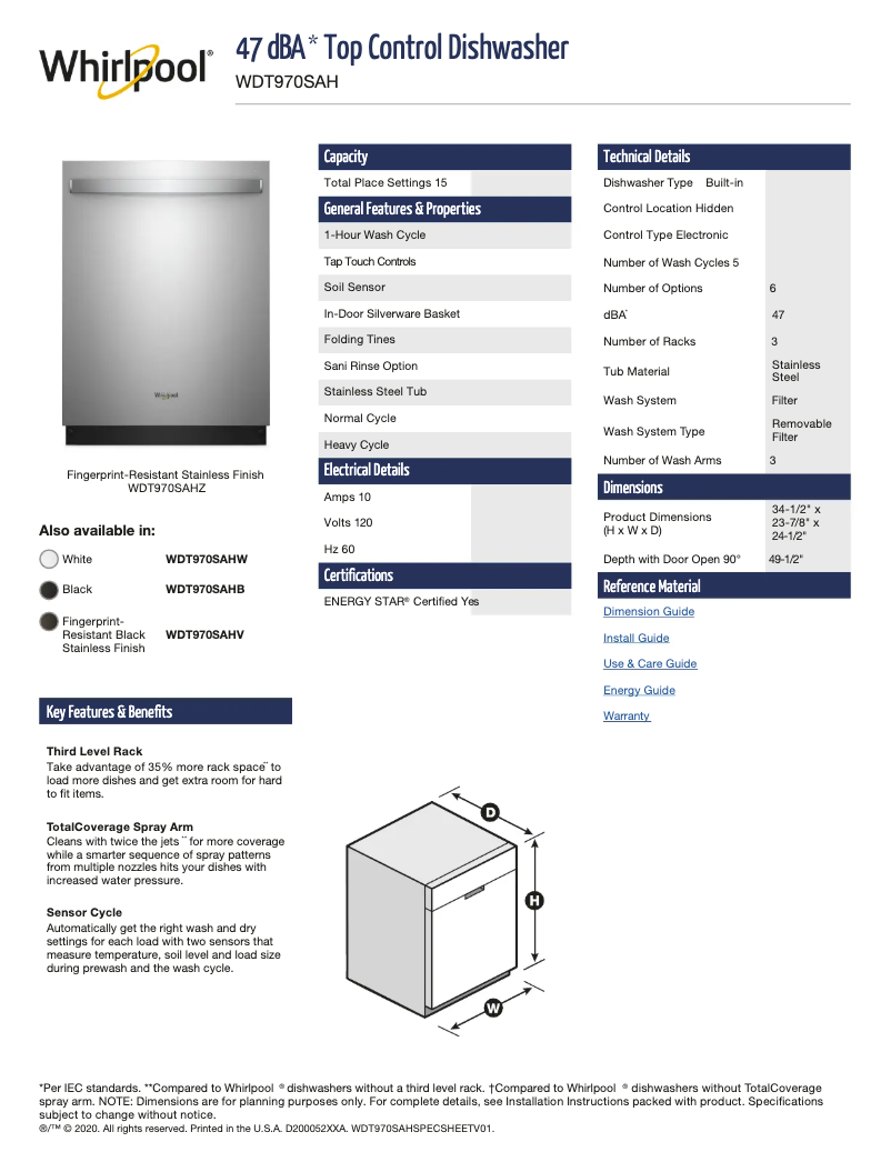 Page 1 de la notice Fiche technique Whirlpool WDT970SAHV