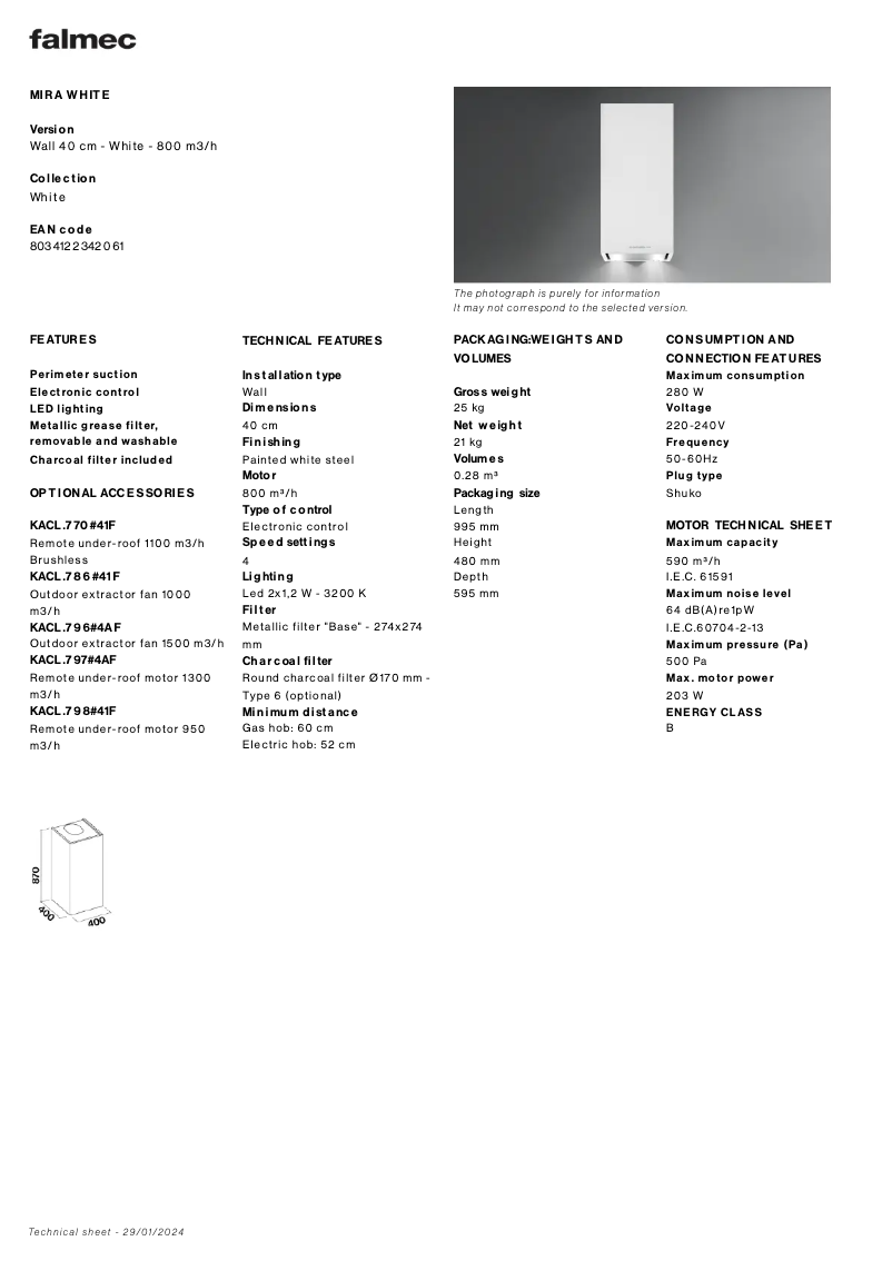 Page 1 de la notice Fiche technique Falmec Mira
