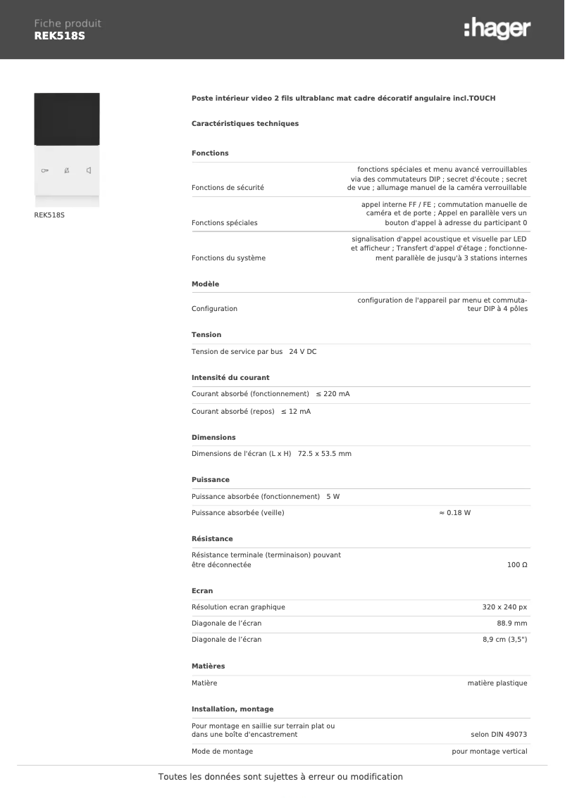 Page 1 de la notice Fiche technique Hager REK518S