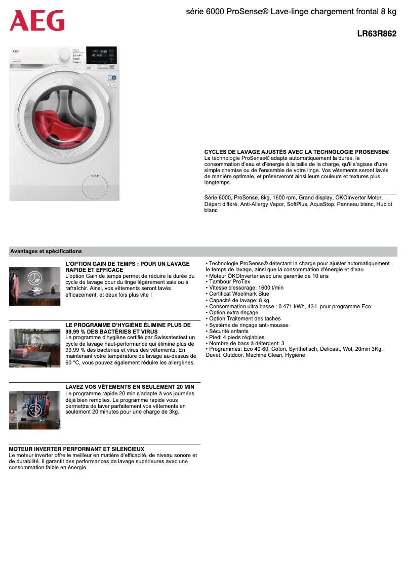 Page 1 de la notice Fiche technique AEG LR63R862