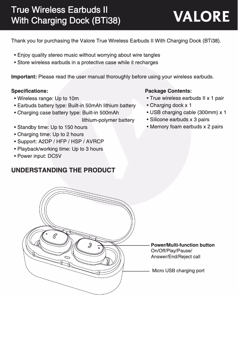 Page 1 de la notice Manuel utilisateur Valore BTi38