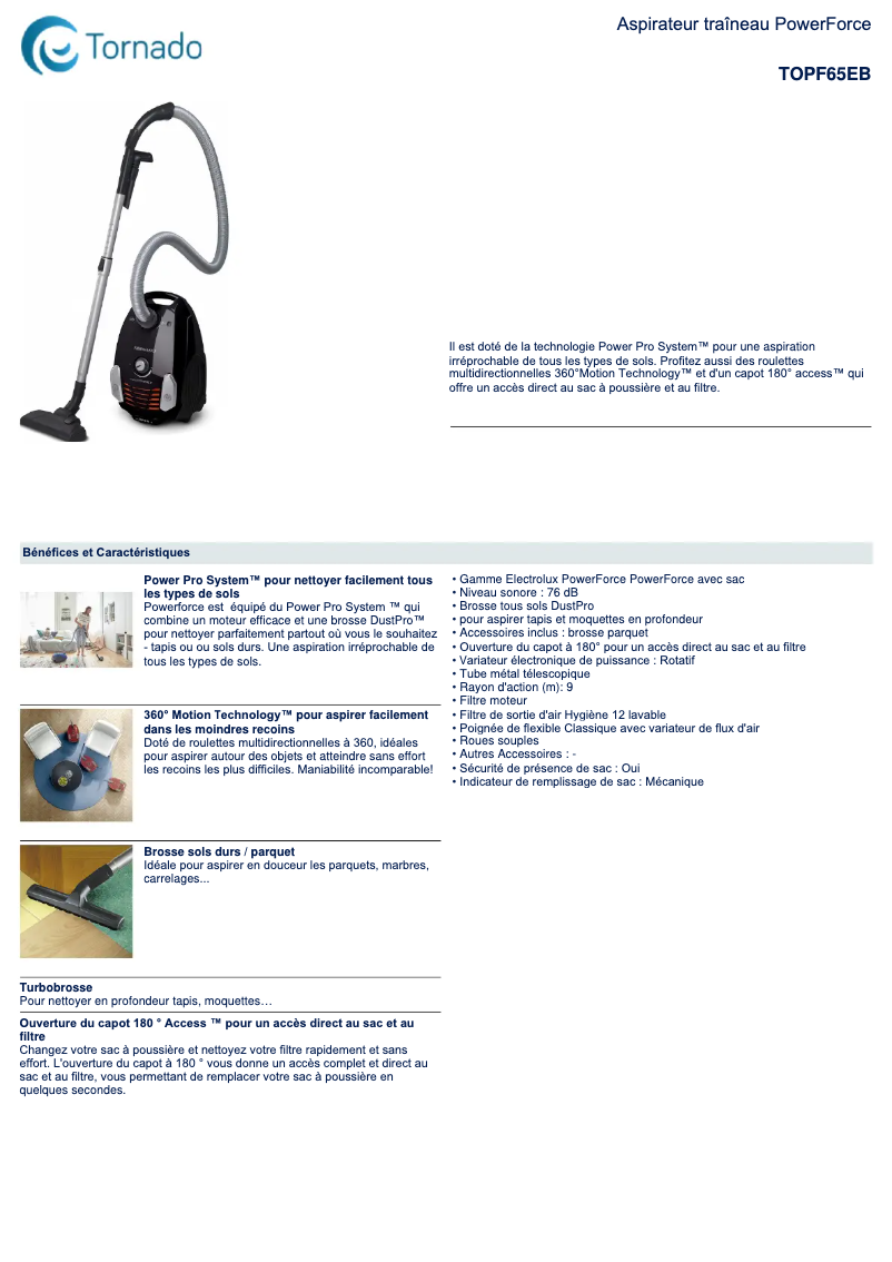 Page 1 de la notice Fiche technique Electrolux TOPF65EB