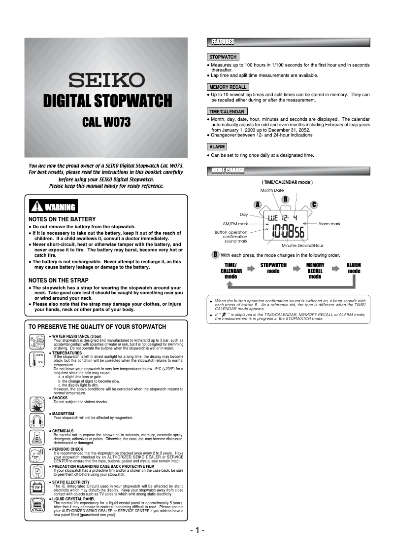 Page 1 de la notice Manuel utilisateur Seiko W073