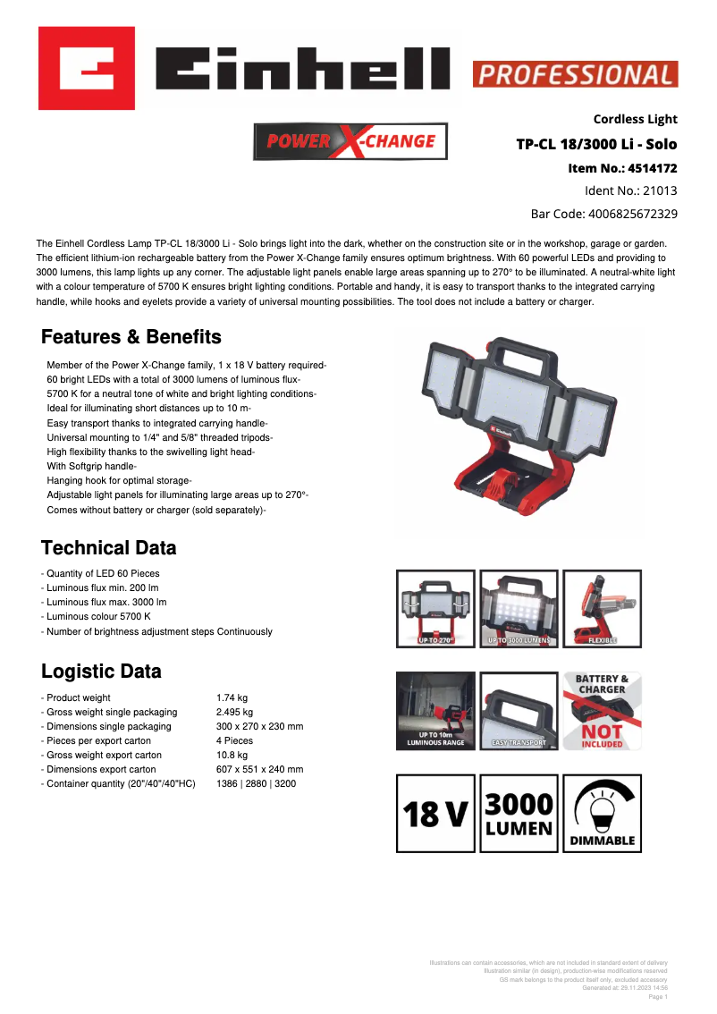 Page n°1 - Fiche technique Einhell TP-CL 18/3000 Li