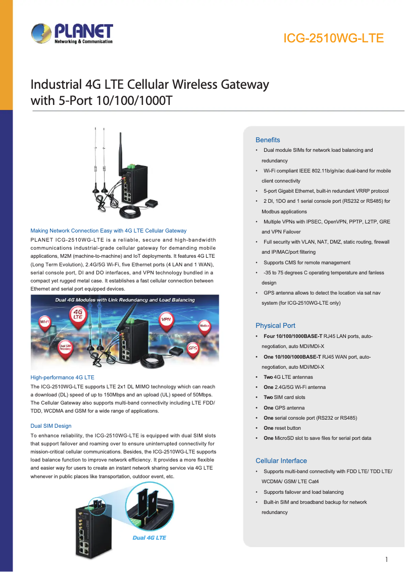 Page 1 de la notice Fiche technique Planet ICG-2510WG-LTE