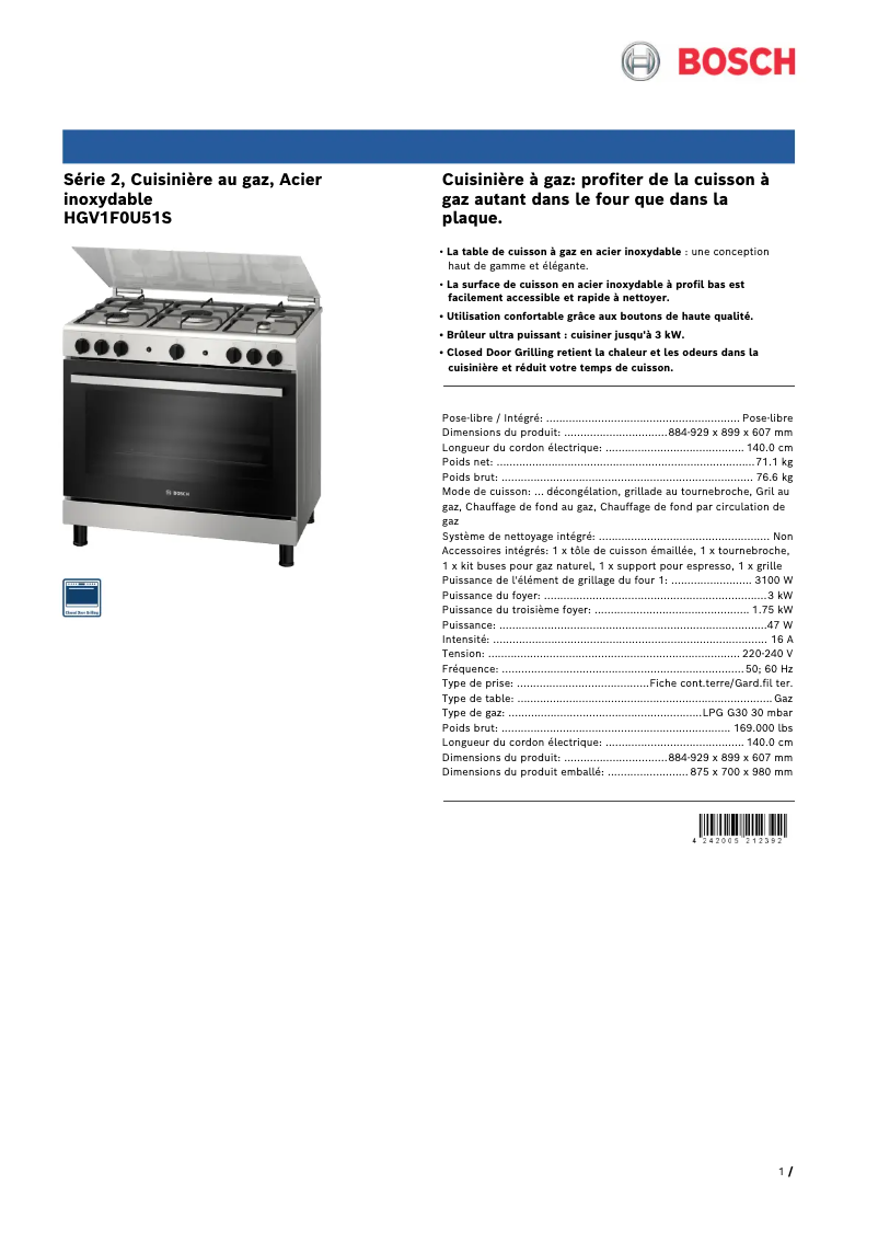 Page 1 de la notice Fiche technique Bosch HGV1F0U51S